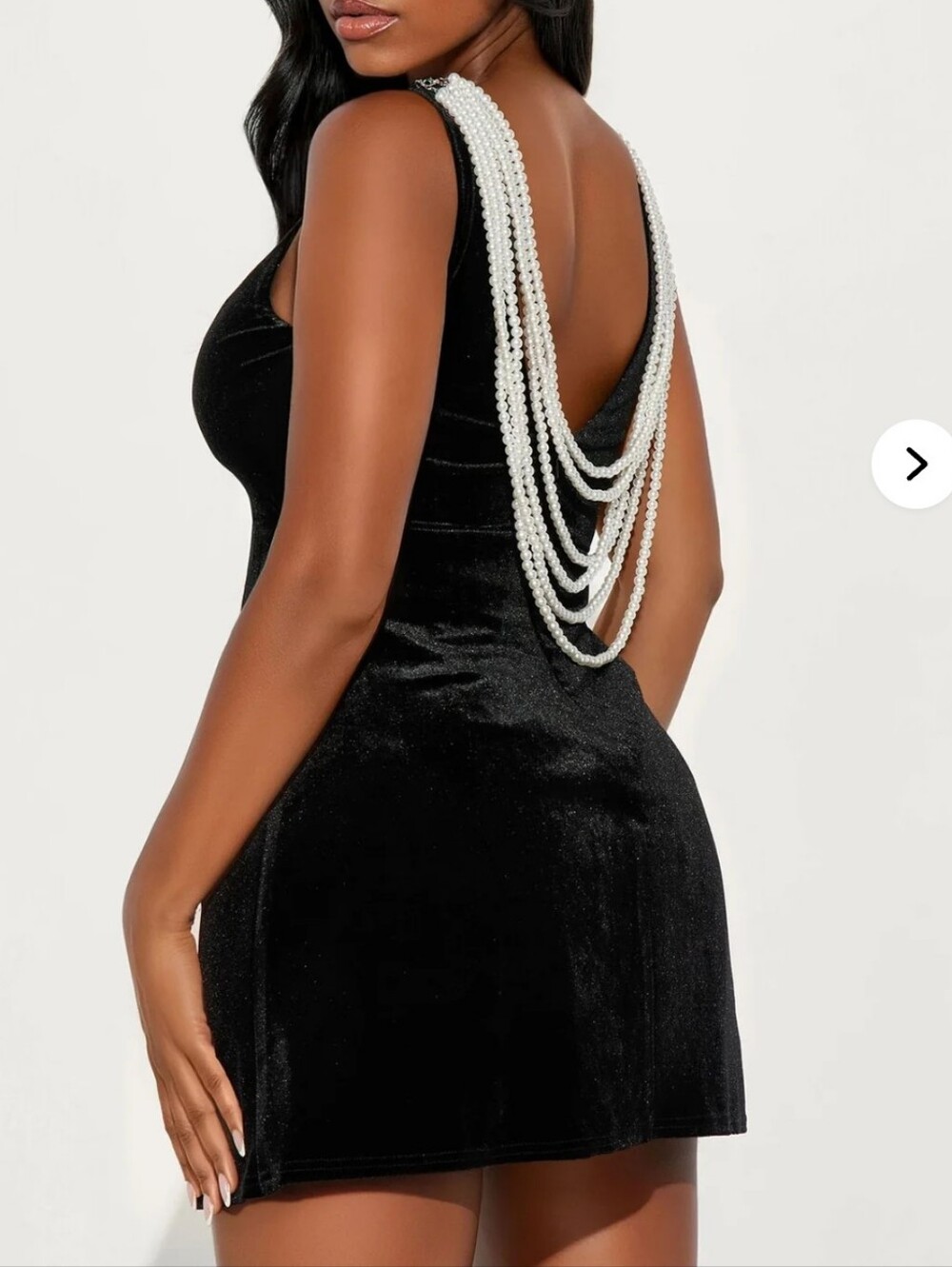 Fashion Nova Black Velvet Backless Mini with Pearl Drapes